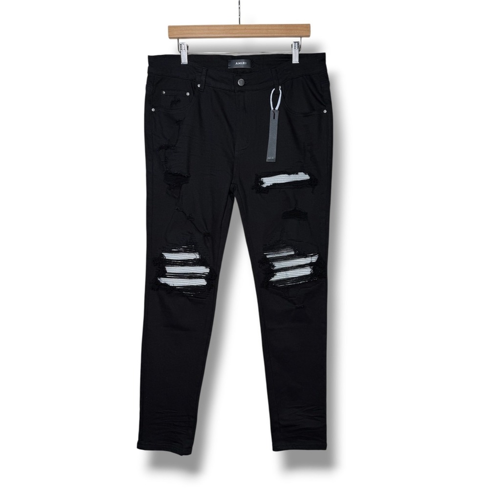 Amiri MX1 Black Distressed Skinny Jeans White Patches Men's 36W 30L Grunge Moto